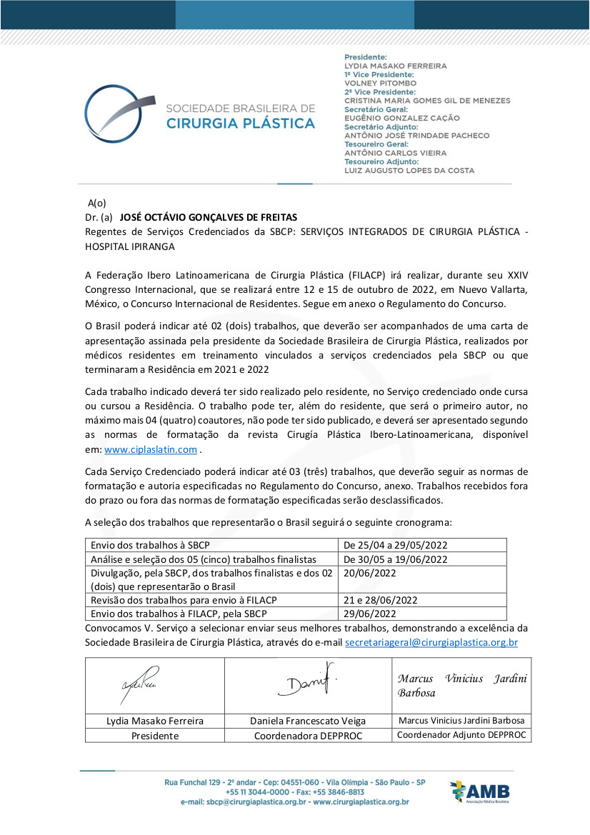 Carta inscrição trabalhos científicos para congresso FILACP